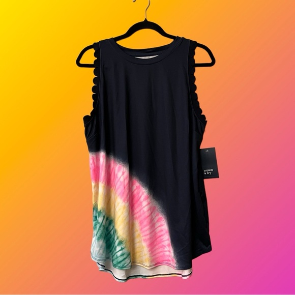 NWT Crown & Ivy Navy Sleeveless Athletic Tank w/Pink/Yellow/Green Tie Dye Arc - Picture 4 of 15